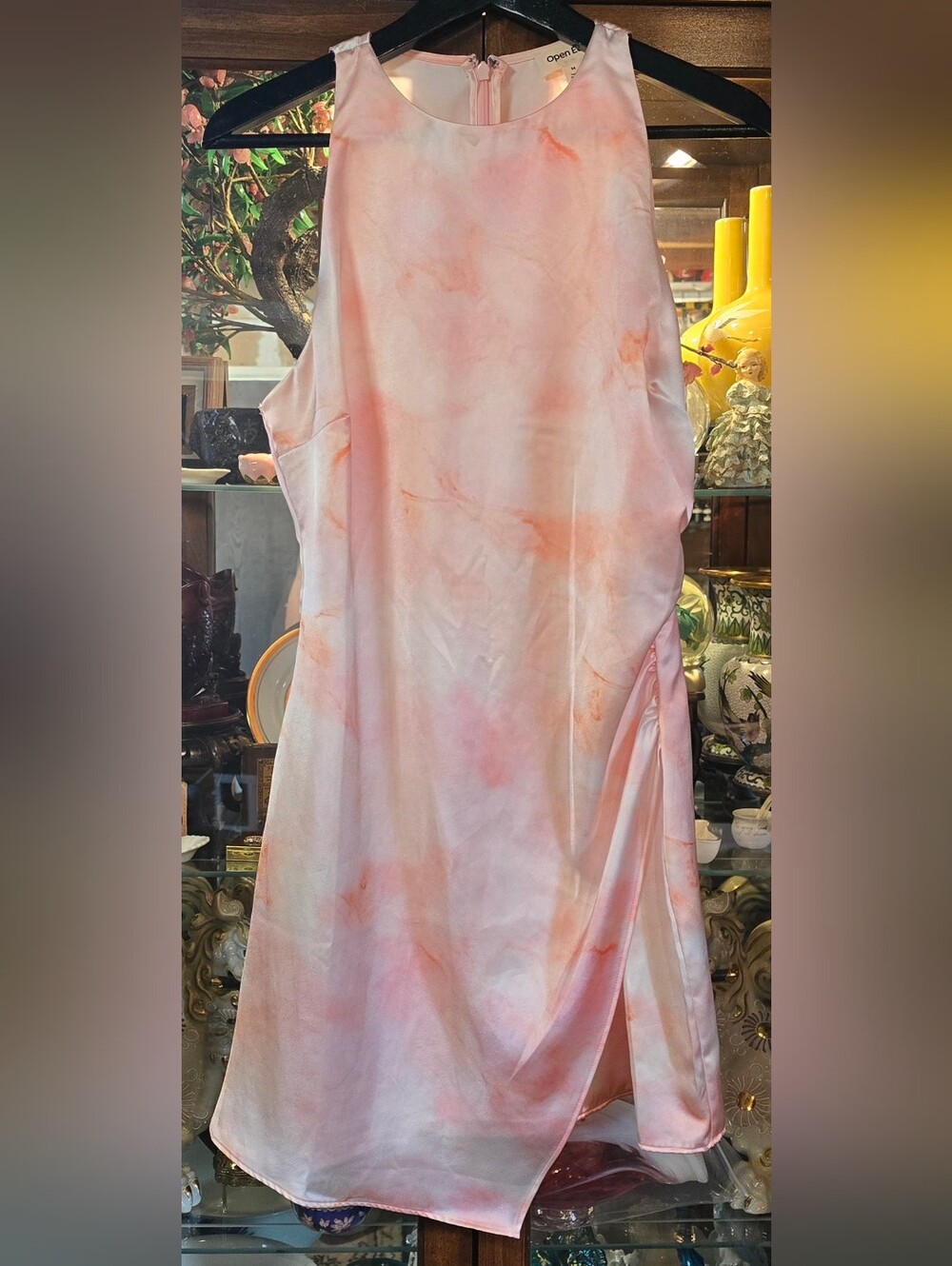 Open Edit Luminous Abstract Sleeveless Ruched Satin Minidress
